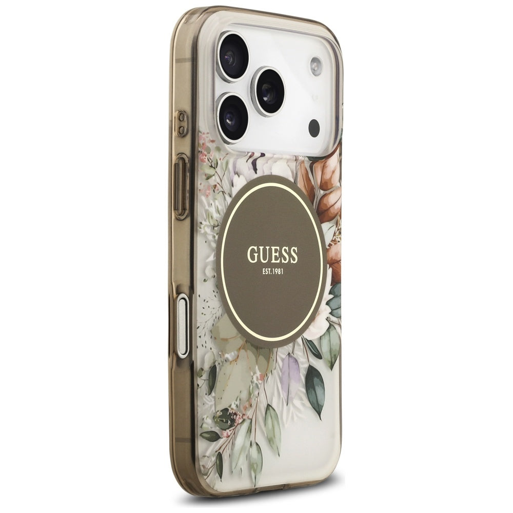 Калъф MagSafe за Apple iPhone 17 Pro Max, Guess, IML Flower & Tonal Circle, Кафяв