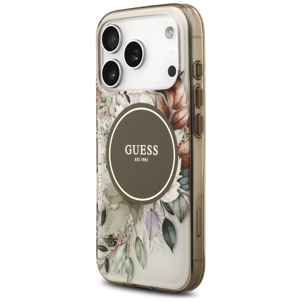 Калъф MagSafe за Apple iPhone 17 Pro Max, Guess, IML Flower & Tonal Circle, Кафяв