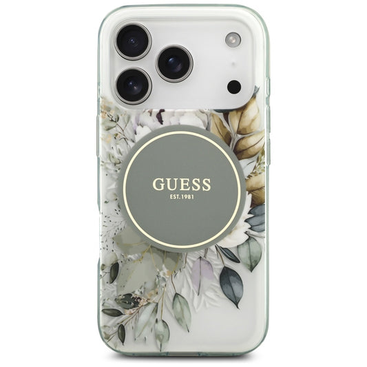 Калъф MagSafe за Apple iPhone 17 Pro Max, Guess, IML Flower & Tonal Circle, зелен