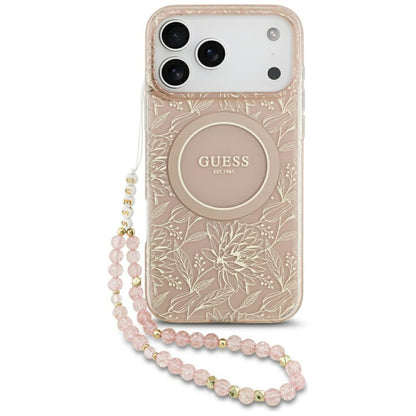 Калъф MagSafe за Apple iPhone 17 Pro Max, Guess, IML Flowers Allover Electroplated with Pearl Strap, Розов