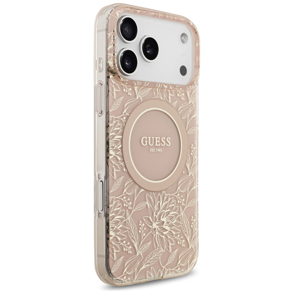 Калъф MagSafe за Apple iPhone 17 Pro Max, Guess, IML Flowers Allover Electroplated with Pearl Strap, Розов