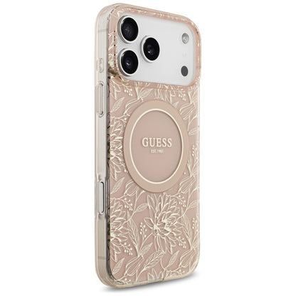 Калъф MagSafe за Apple iPhone 17 Pro Max, Guess, IML Flowers Allover Electroplated with Pearl Strap, Розов