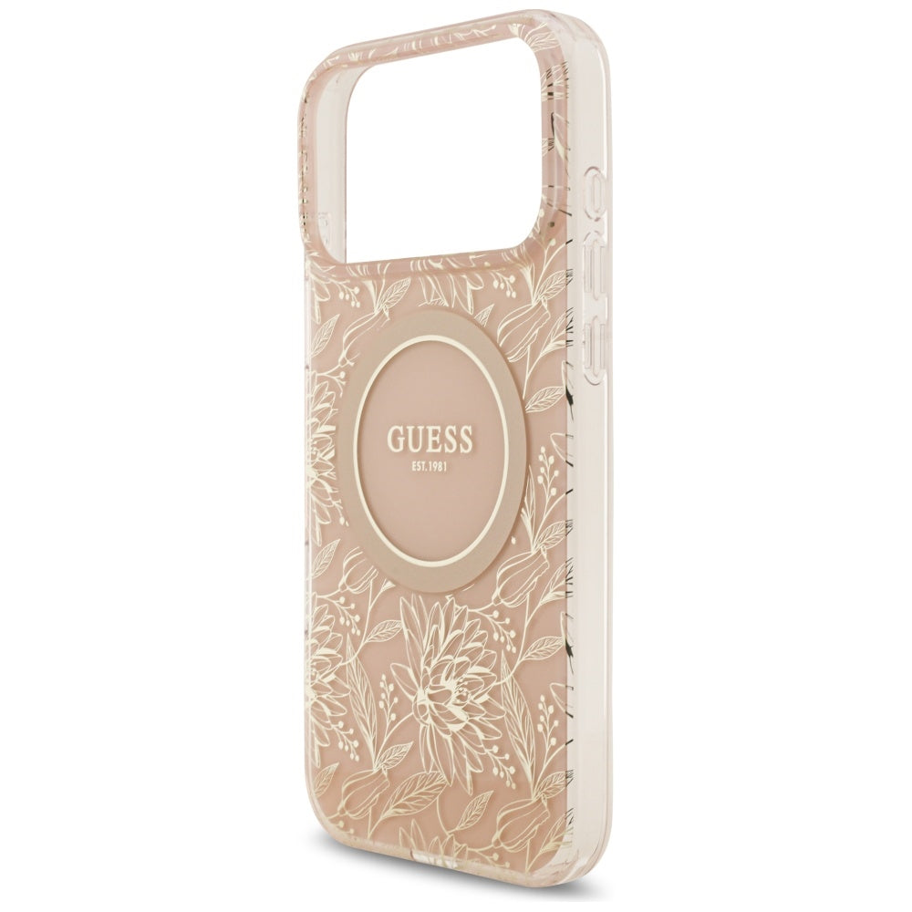 Калъф MagSafe за Apple iPhone 17 Pro Max, Guess, IML Flowers Allover Electroplated with Pearl Strap, Розов
