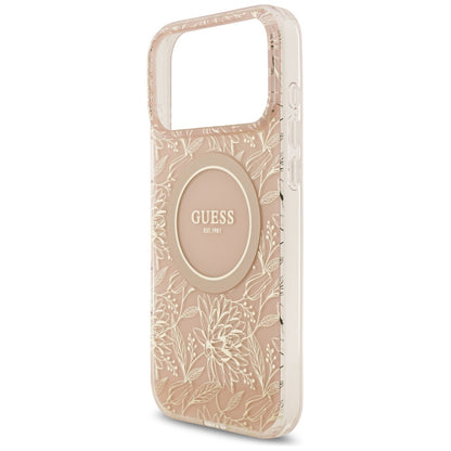 Калъф MagSafe за Apple iPhone 17 Pro Max, Guess, IML Flowers Allover Electroplated with Pearl Strap, Розов