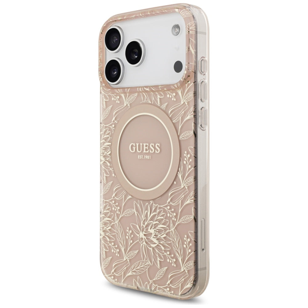 Калъф MagSafe за Apple iPhone 17 Pro Max, Guess, IML Flowers Allover Electroplated with Pearl Strap, Розов