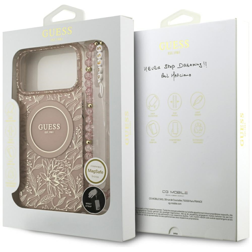 Калъф MagSafe за Apple iPhone 17 Pro Max, Guess, IML Flowers Allover Electroplated with Pearl Strap, Розов