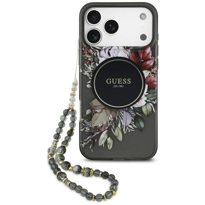 Калъф MagSafe за Apple iPhone 17 Pro Max, Guess, IML Flowers with Pearl Strap, Черен