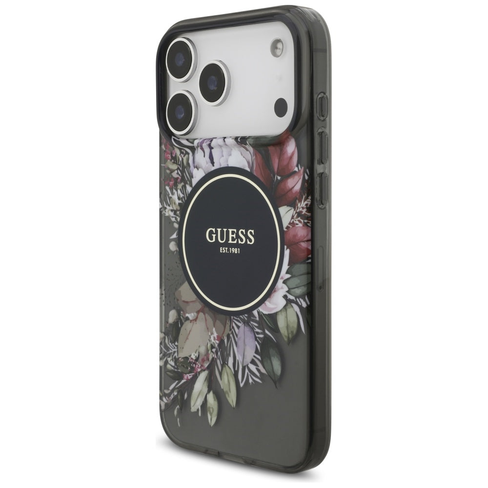 Калъф MagSafe за Apple iPhone 17 Pro Max, Guess, IML Flowers with Pearl Strap, Черен
