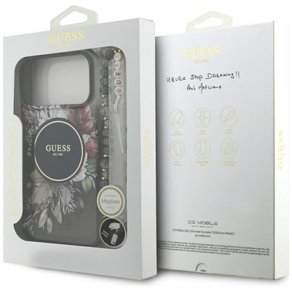 Калъф MagSafe за Apple iPhone 17 Pro Max, Guess, IML Flowers with Pearl Strap, Черен