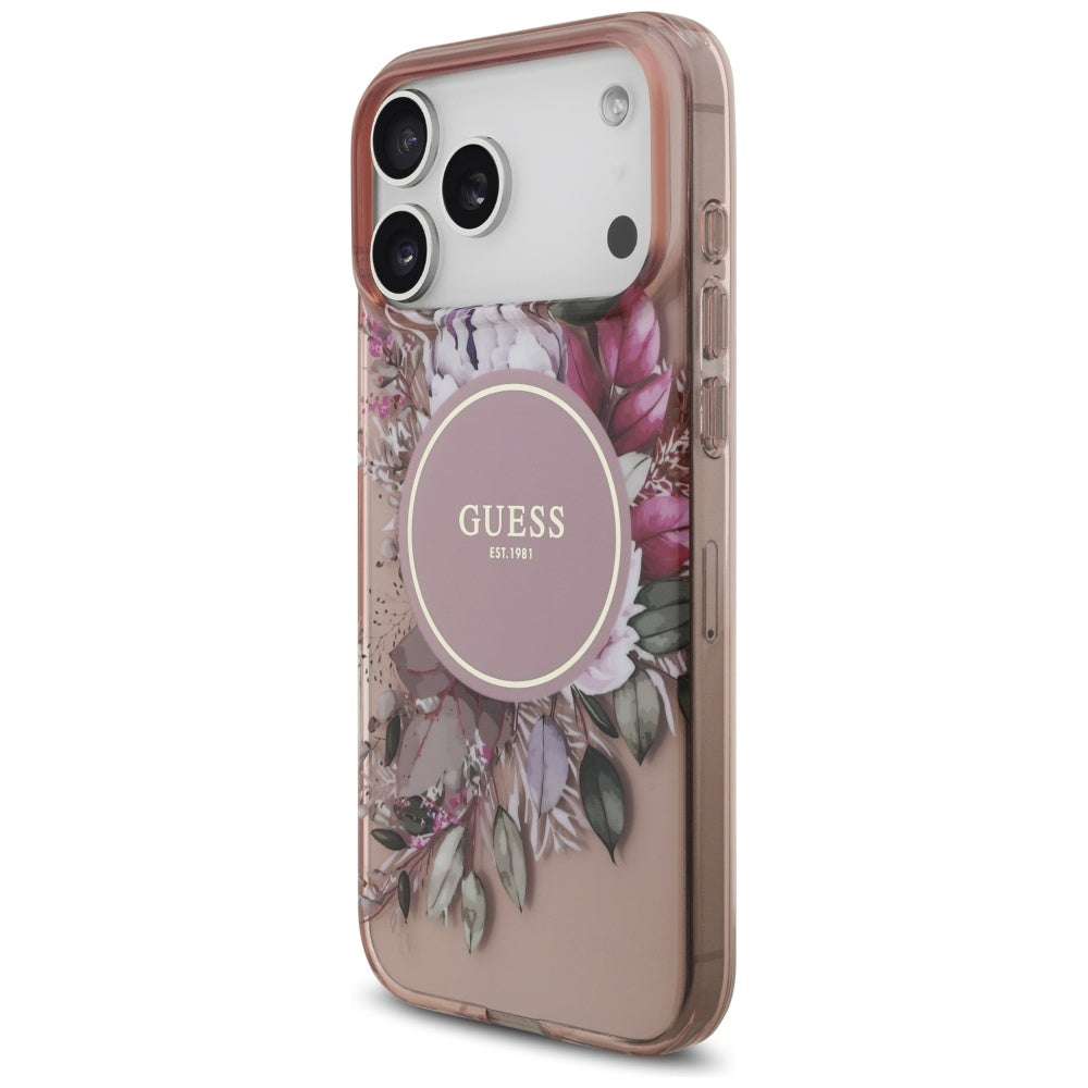 Калъф MagSafe за Apple iPhone 17 Pro Max, Guess, IML Flowers with Pearl Strap, Розов