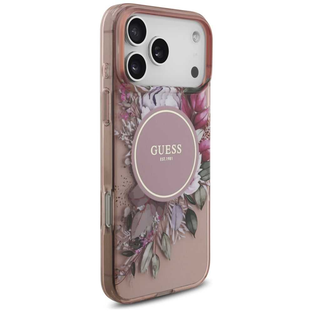 Калъф MagSafe за Apple iPhone 17 Pro Max, Guess, IML Flowers with Pearl Strap, Розов