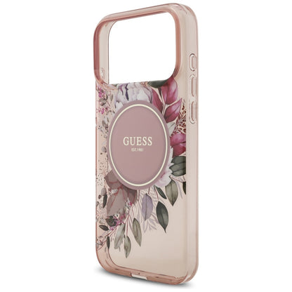 Калъф MagSafe за Apple iPhone 17 Pro Max, Guess, IML Flowers with Pearl Strap, Розов