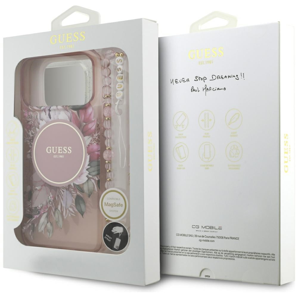 Калъф MagSafe за Apple iPhone 17 Pro Max, Guess, IML Flowers with Pearl Strap, Розов