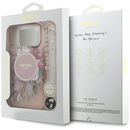 Калъф MagSafe за Apple iPhone 17 Pro Max, Guess, IML Flowers with Pearl Strap, Розов