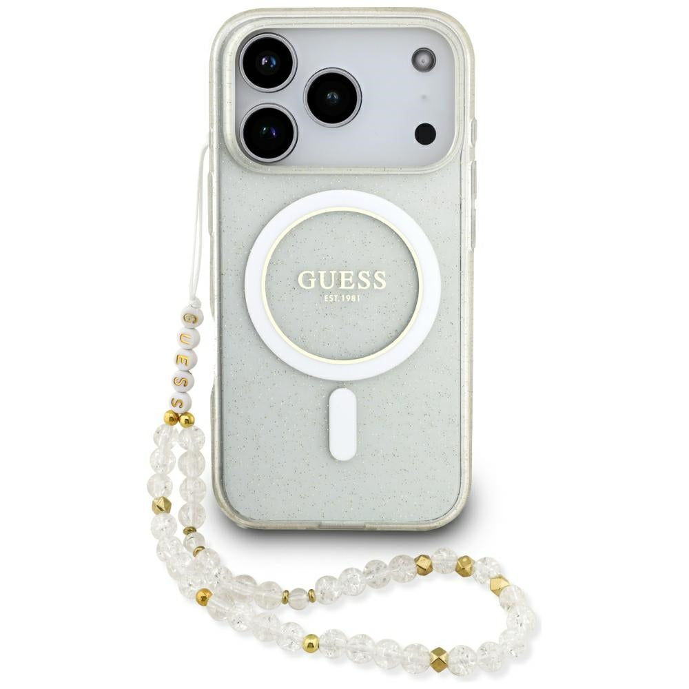 Калъф MagSafe за Apple iPhone 17 Pro Max, Guess, IML Glitter with Pearl Strap, Прозрачен