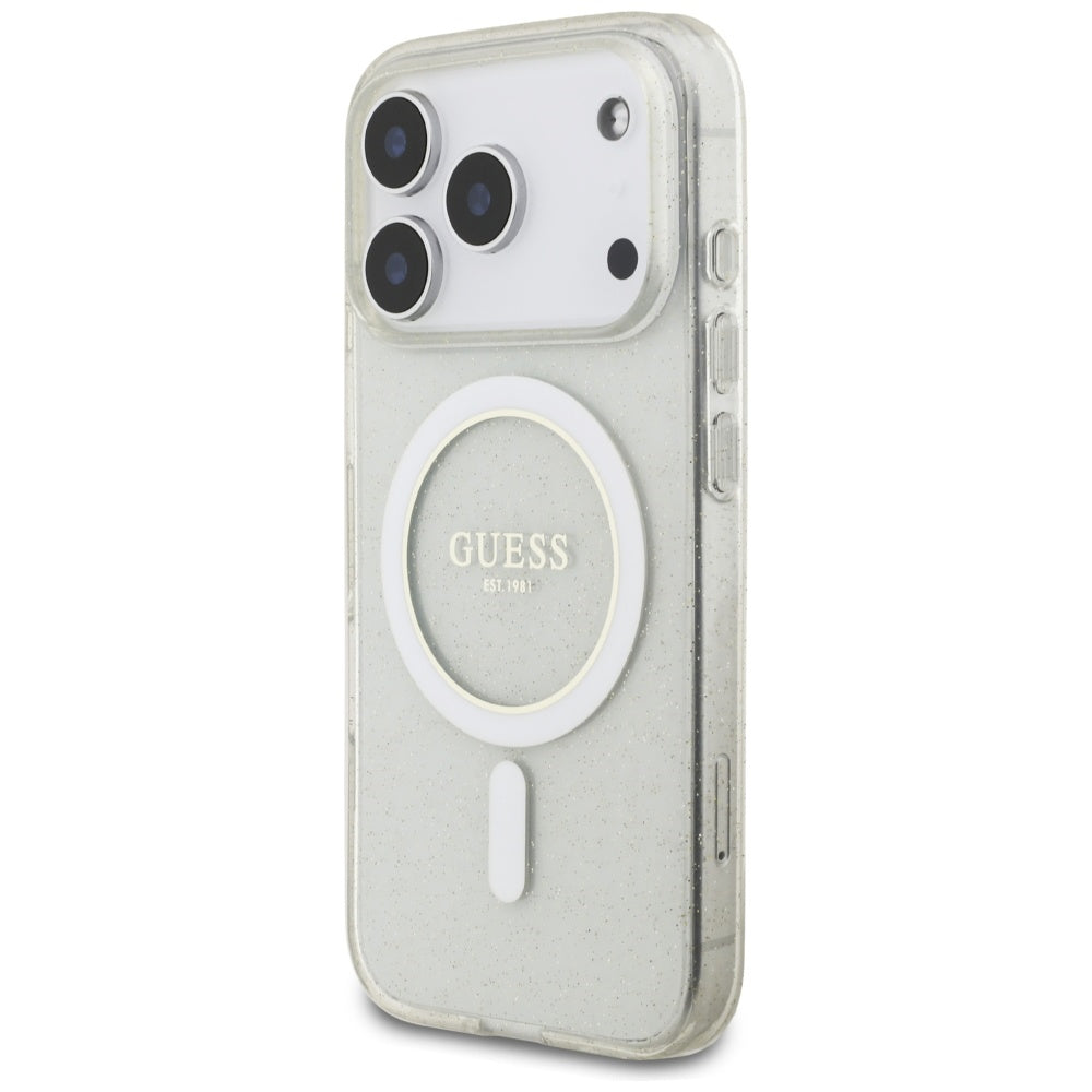 Калъф MagSafe за Apple iPhone 17 Pro Max, Guess, IML Glitter with Pearl Strap, Прозрачен