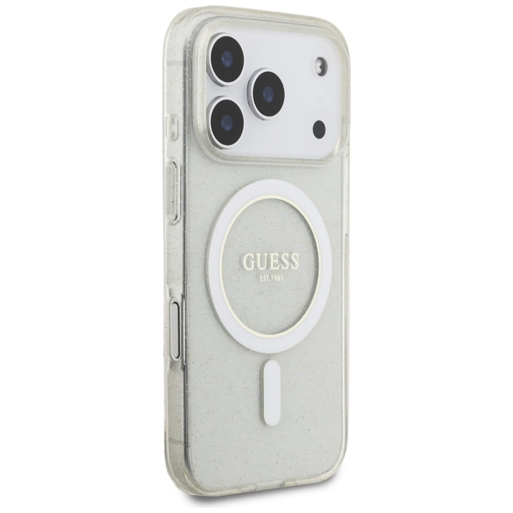 Калъф MagSafe за Apple iPhone 17 Pro Max, Guess, IML Glitter with Pearl Strap, Прозрачен