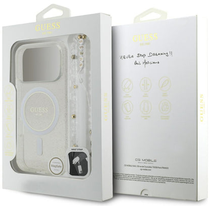 Калъф MagSafe за Apple iPhone 17 Pro Max, Guess, IML Glitter with Pearl Strap, Прозрачен