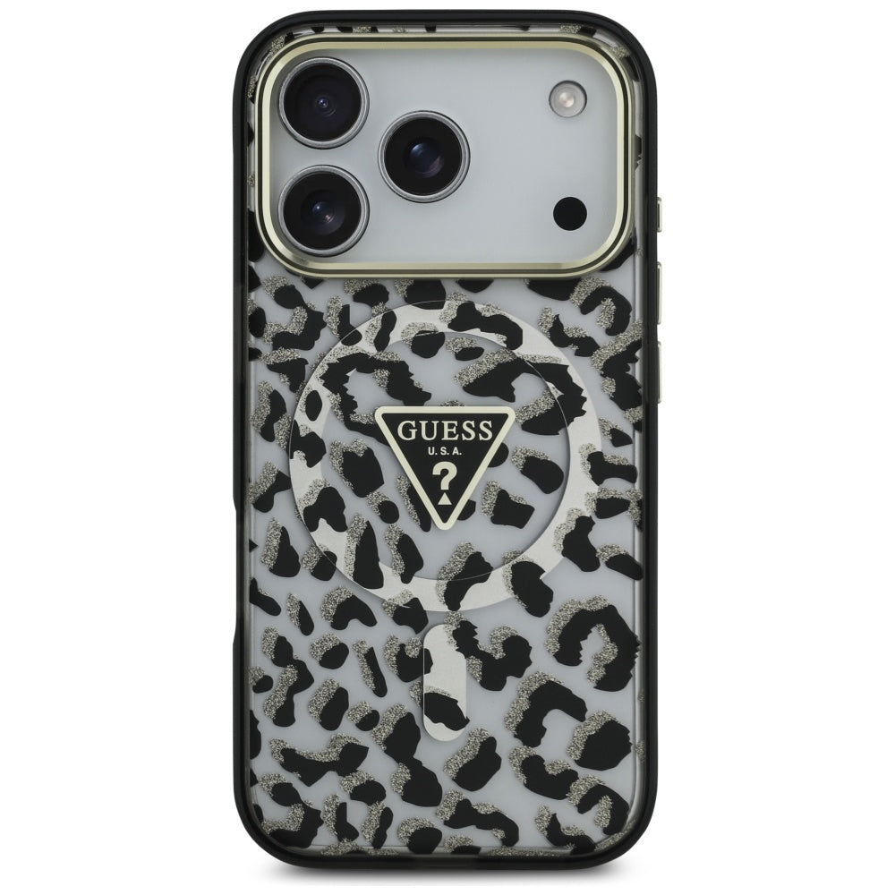 Калъф MagSafe за Apple iPhone 17 Pro Max, Guess, Leopard Glitter, Черен
