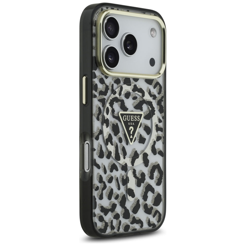 Калъф MagSafe за Apple iPhone 17 Pro Max, Guess, Leopard Glitter, Черен