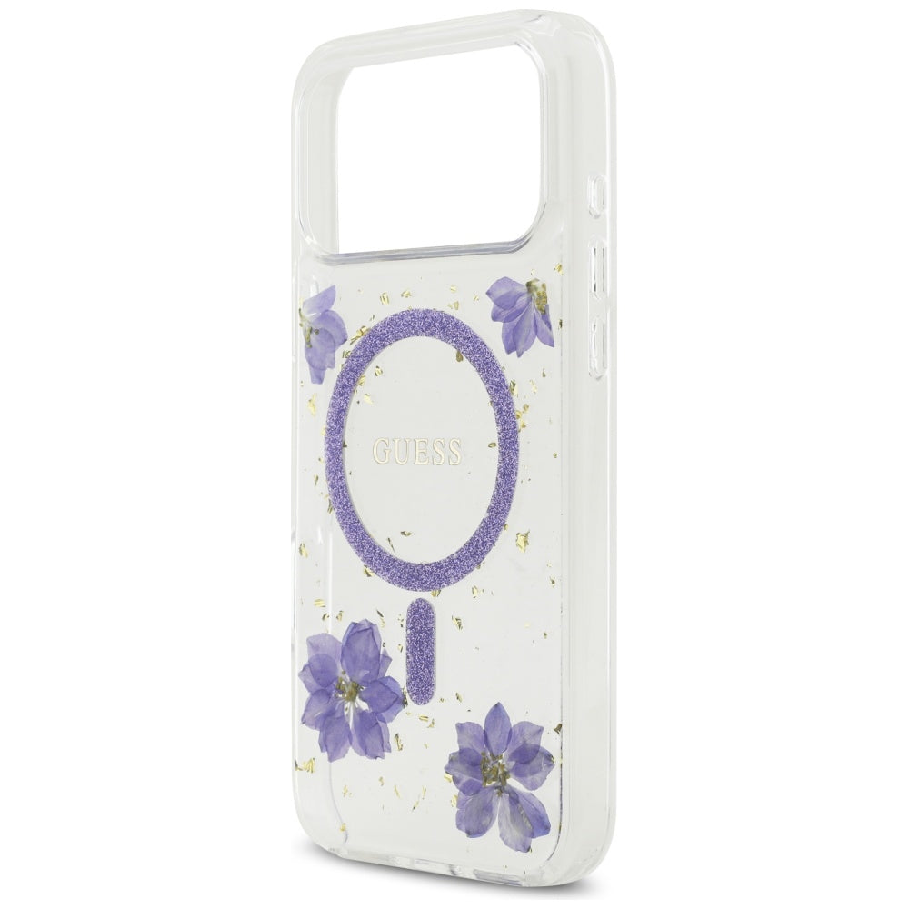 Калъф MagSafe за Apple iPhone 17 Pro Max, Guess, Resin Flowers and Glitter, Лилав