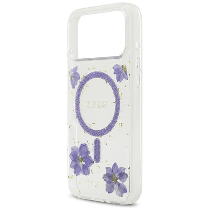 Калъф MagSafe за Apple iPhone 17 Pro Max, Guess, Resin Flowers and Glitter, Лилав