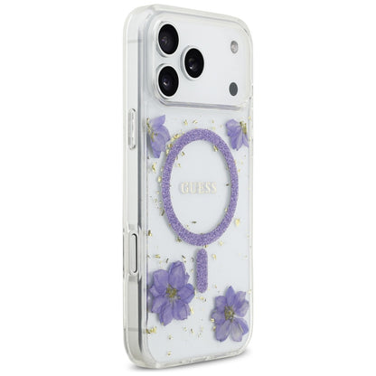 Калъф MagSafe за Apple iPhone 17 Pro Max, Guess, Resin Flowers and Glitter, Лилав