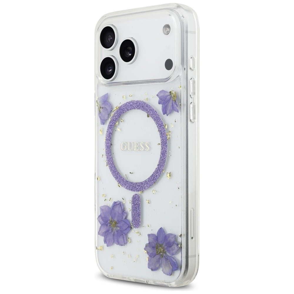 Калъф MagSafe за Apple iPhone 17 Pro Max, Guess, Resin Flowers and Glitter, Лилав