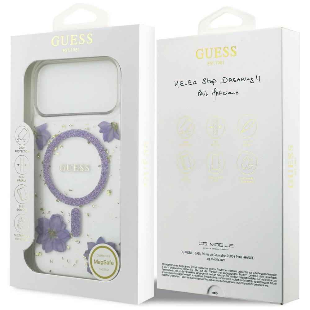 Калъф MagSafe за Apple iPhone 17 Pro Max, Guess, Resin Flowers and Glitter, Лилав
