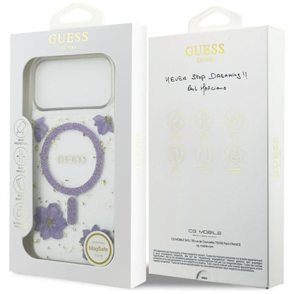 Калъф MagSafe за Apple iPhone 17 Pro Max, Guess, Resin Flowers and Glitter, Лилав