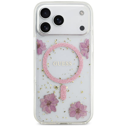 Калъф MagSafe за Apple iPhone 17 Pro Max, Guess, Resin Flowers and Glitter, Розов