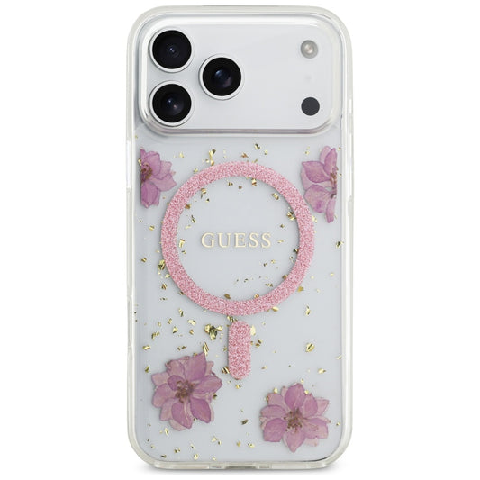 MagSafe Case for Apple iPhone 17 Pro Max, Guess, Resin Flowers and Glitter, Pink