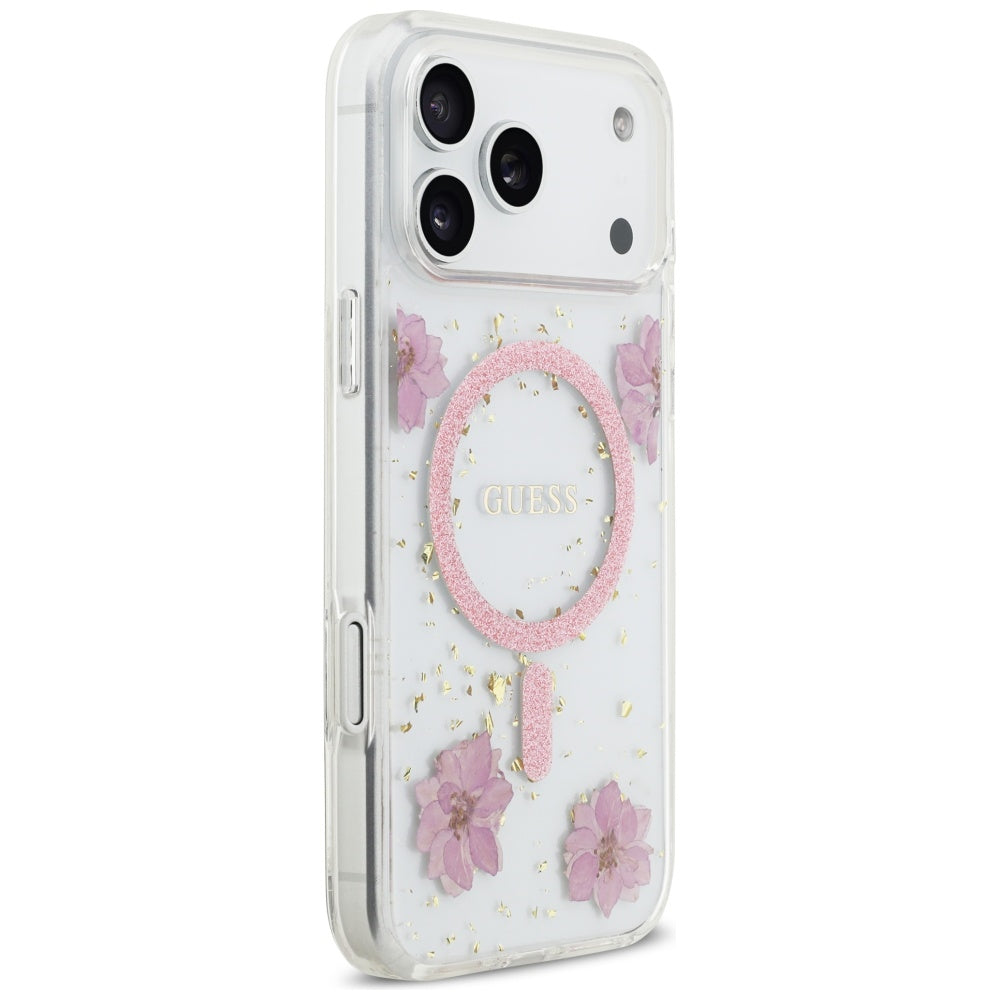 Калъф MagSafe за Apple iPhone 17 Pro Max, Guess, Resin Flowers and Glitter, Розов