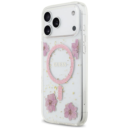 Калъф MagSafe за Apple iPhone 17 Pro Max, Guess, Resin Flowers and Glitter, Розов