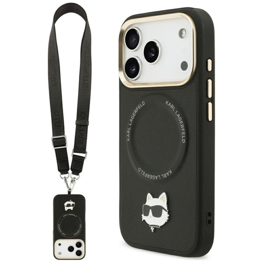 Калъф MagSafe за Apple iPhone 17 Pro Max, Karl Lagerfeld, Big Strap Choupette Metal Logo, Черен