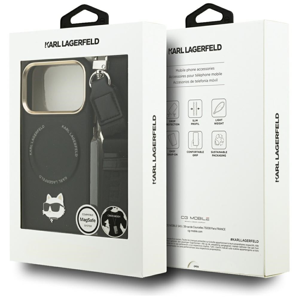 Калъф MagSafe за Apple iPhone 17 Pro Max, Karl Lagerfeld, Big Strap Choupette Metal Logo, Черен
