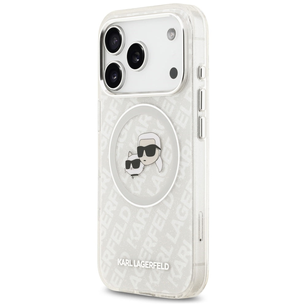 Калъф MagSafe за Apple iPhone 17 Pro Max, Karl Lagerfeld, Glitter Karl & Choupette Head, Бял