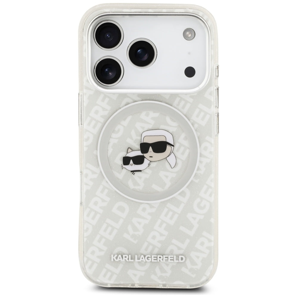 Калъф MagSafe за Apple iPhone 17 Pro Max, Karl Lagerfeld, Glitter Karl & Choupette Head, Бял