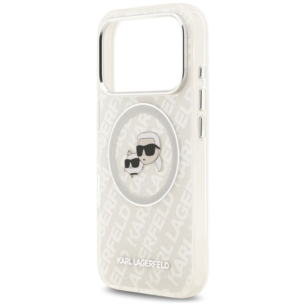 Калъф MagSafe за Apple iPhone 17 Pro Max, Karl Lagerfeld, Glitter Karl & Choupette Head, Бял