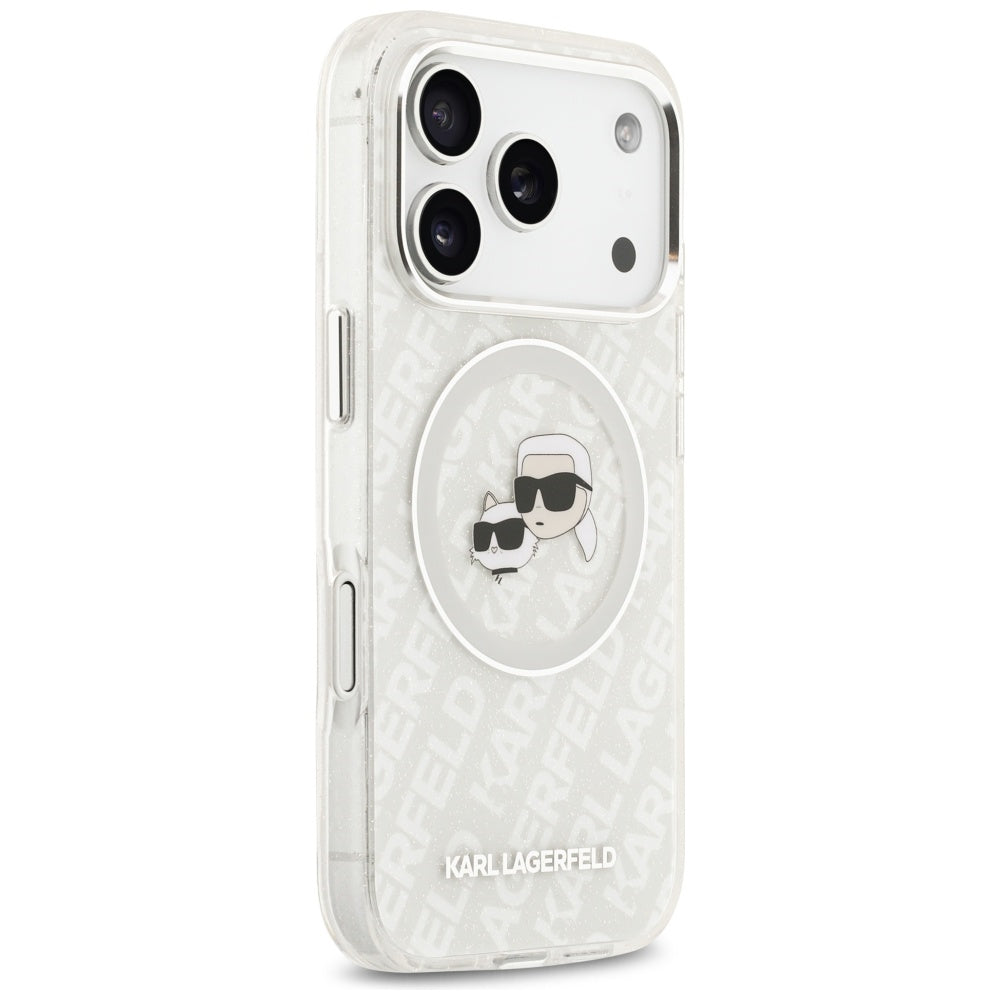Калъф MagSafe за Apple iPhone 17 Pro Max, Karl Lagerfeld, Glitter Karl & Choupette Head, Бял
