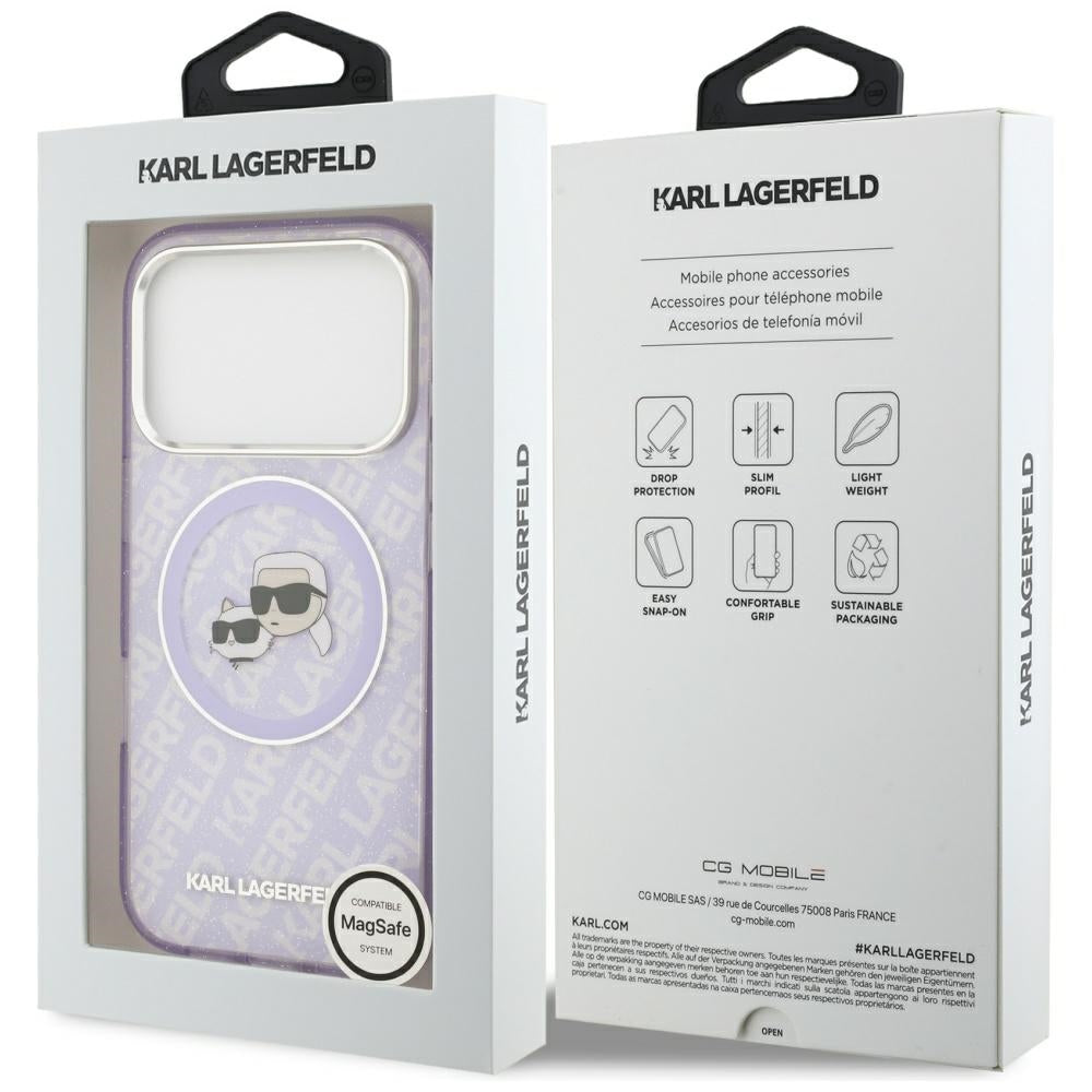 Калъф MagSafe за Apple iPhone 17 Pro Max, Karl Lagerfeld, IML Glitter Karl & Choupette`s Heads, Лилав