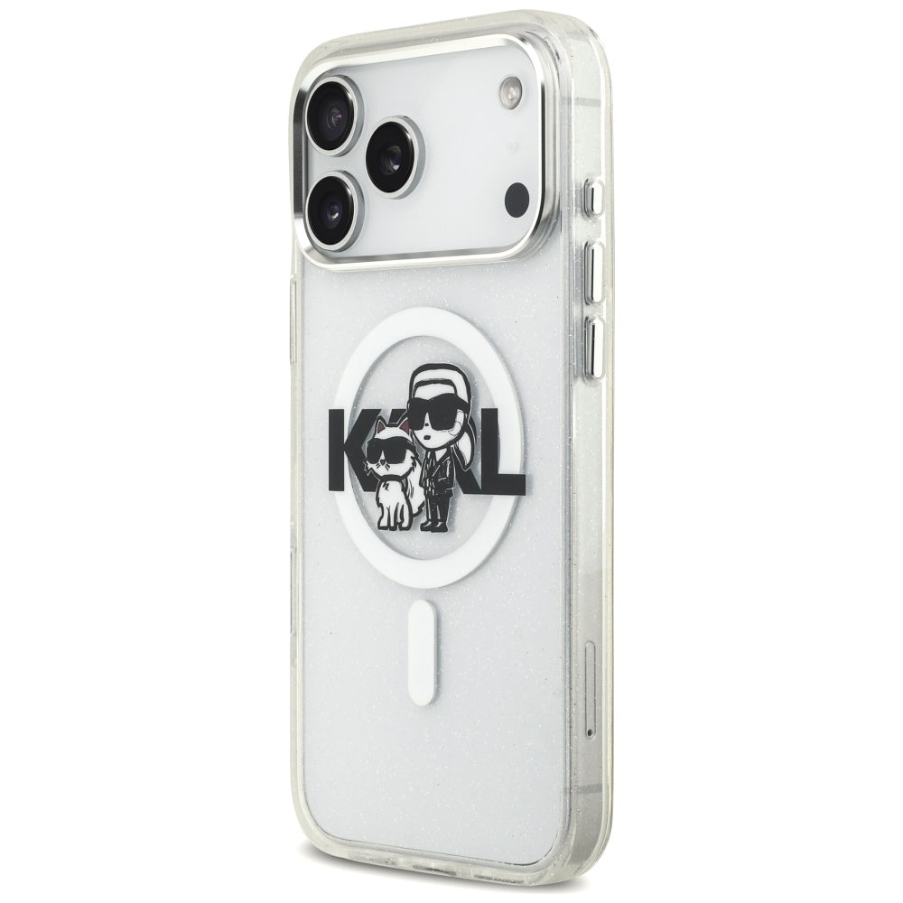 Калъф MagSafe за Apple iPhone 17 Pro Max, Karl Lagerfeld, IML Sketch Logo Glitter Karl & Choupette, Прозрачен