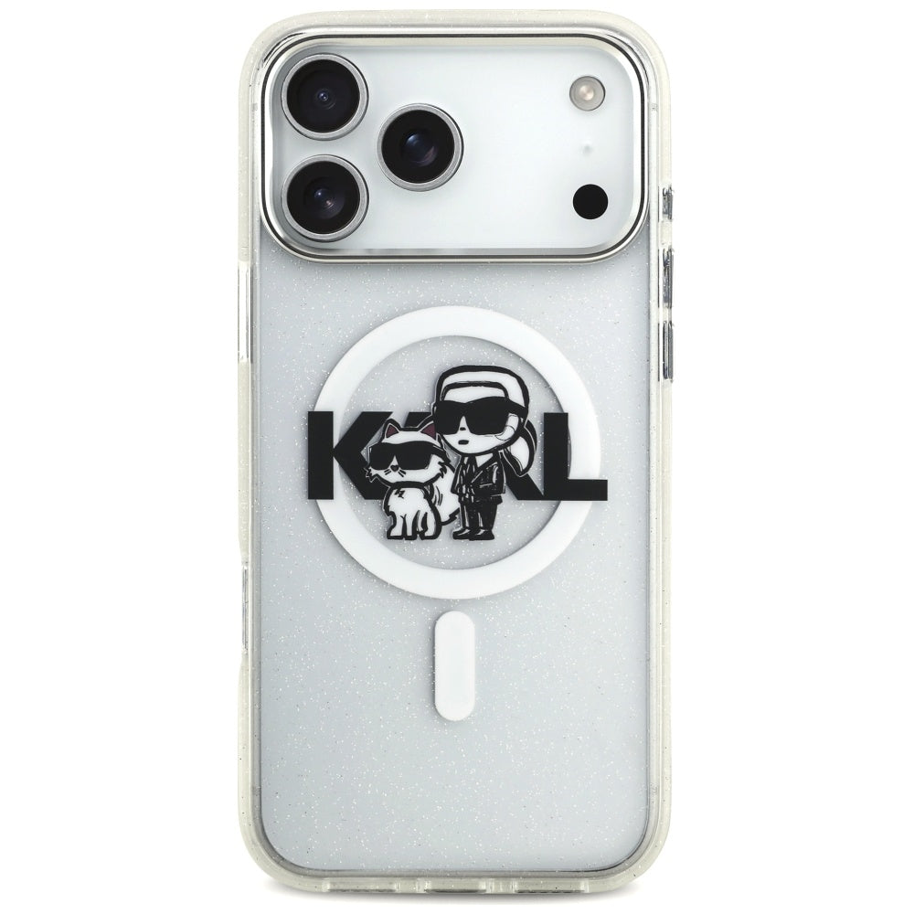Калъф MagSafe за Apple iPhone 17 Pro Max, Karl Lagerfeld, IML Sketch Logo Glitter Karl & Choupette, Прозрачен