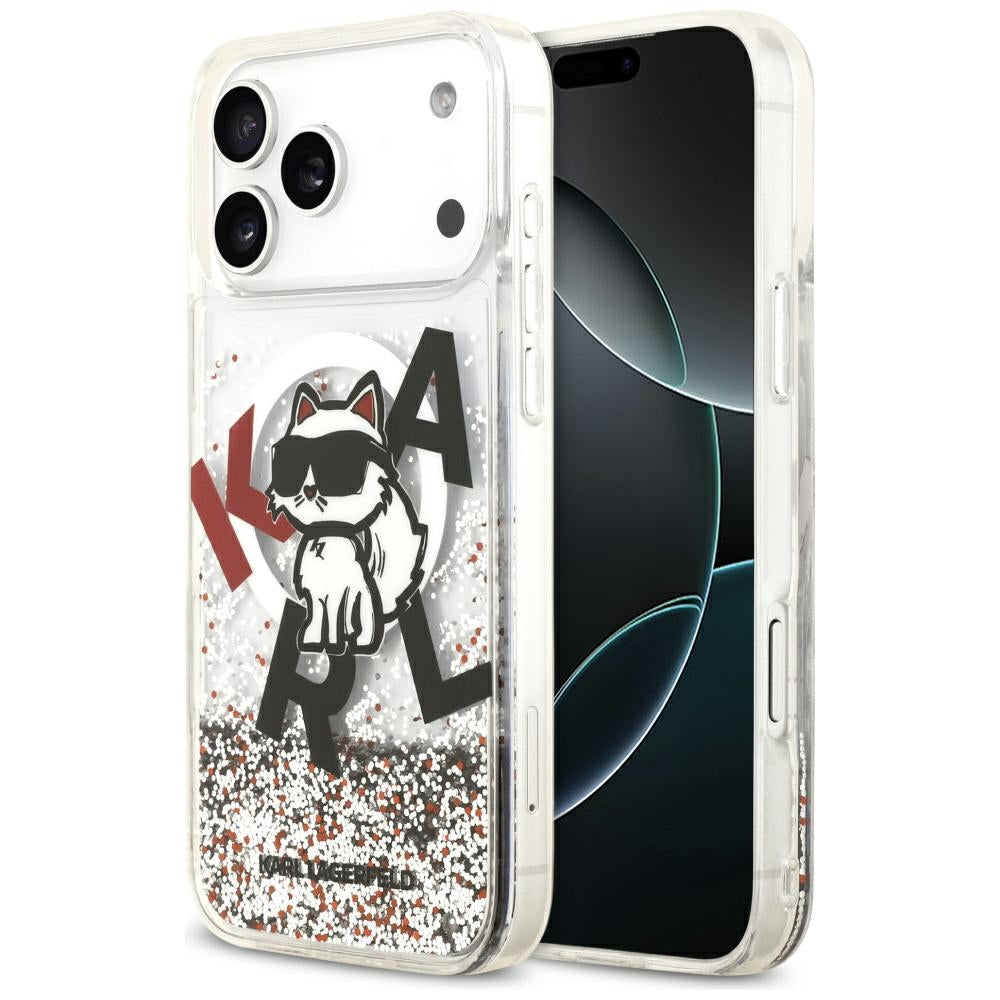 Калъф MagSafe за Apple iPhone 17 Pro Max, Karl Lagerfeld, Liquid Glitter Logo Choupette, Прозрачен