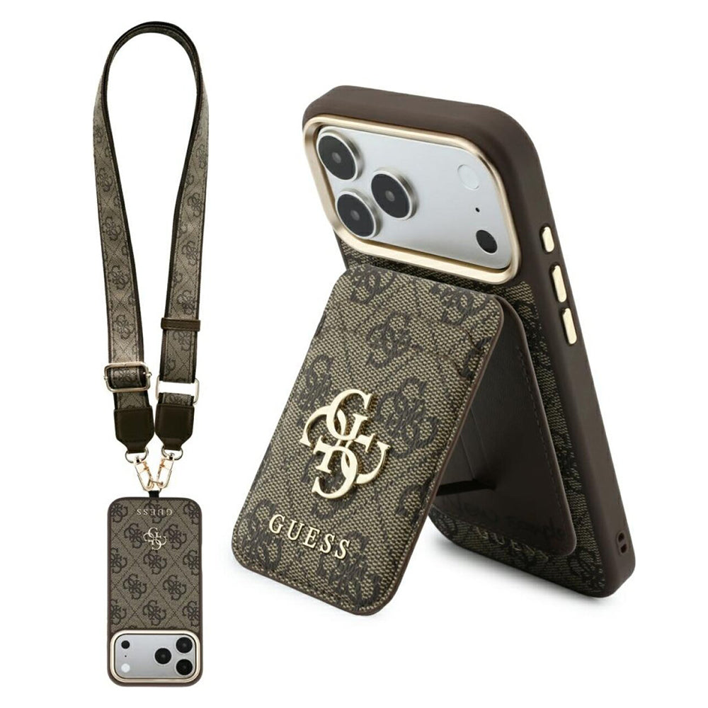 Калъф MagSafe за Apple iPhone 18 Pro / 17 Pro, Guess, 4G Cardslot & Big Strap, кафяво