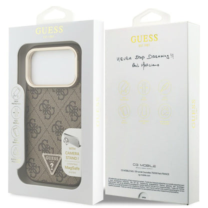 Калъф MagSafe за Apple iPhone 18 Pro / 17 Pro, Guess, 4G Triangle Logo & Stand Camera, кафяво