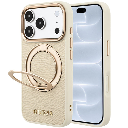 Калъф MagSafe за Apple iPhone 18 Pro / 17 Pro, Guess, Grained Ring Stand 360 Classic, бежов