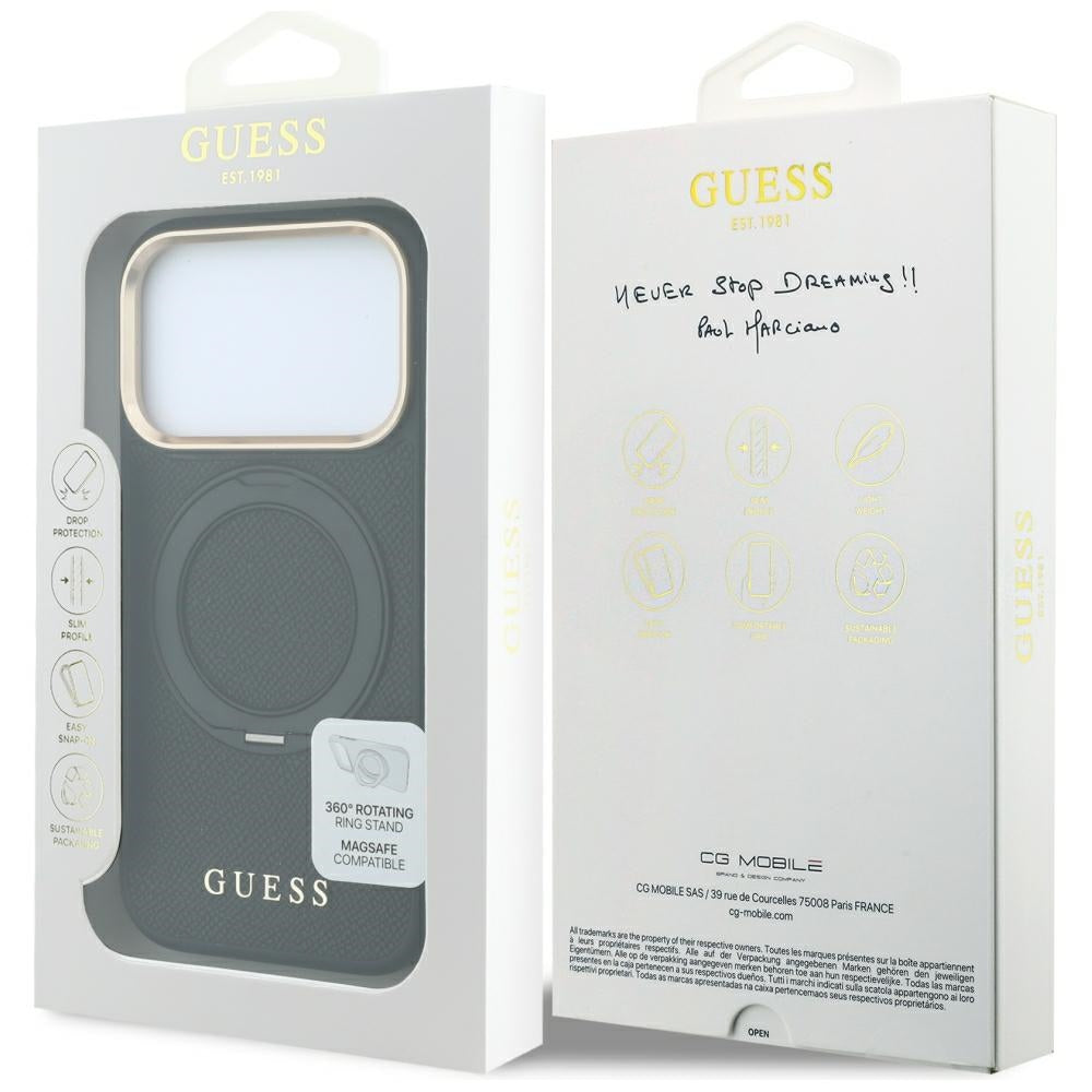 MagSafe Case for Apple iPhone 18 Pro / 17 Pro, Guess, Grained Ring Stand 360 Classic, Black