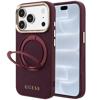 Калъф MagSafe за Apple iPhone 18 Pro / 17 Pro, Guess, Grained Ring Stand 360 Classic, бордо