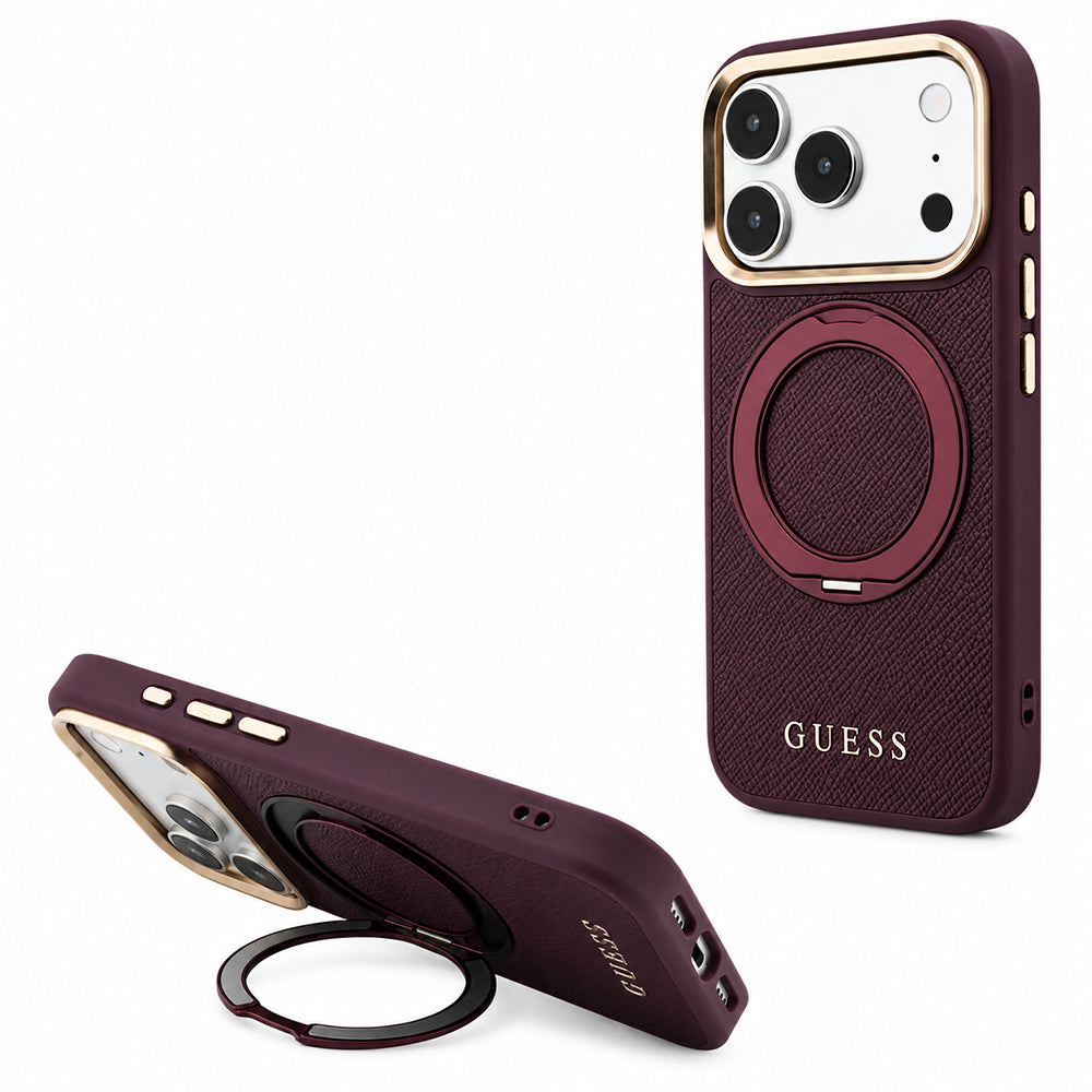Калъф MagSafe за Apple iPhone 18 Pro / 17 Pro, Guess, Grained Ring Stand 360 Classic, бордо